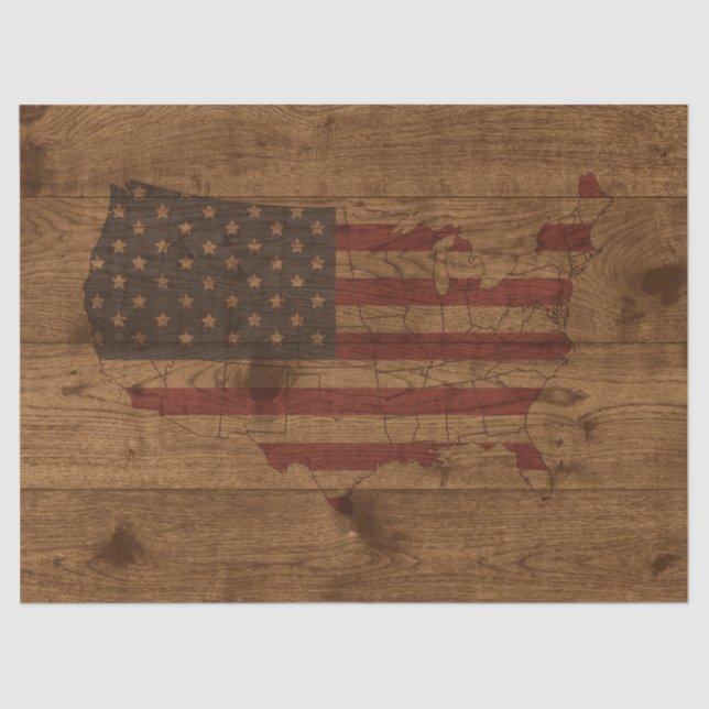 USA Form amerikanische Flagge über rustikales Holz Seidenpapier (Vorderseite)