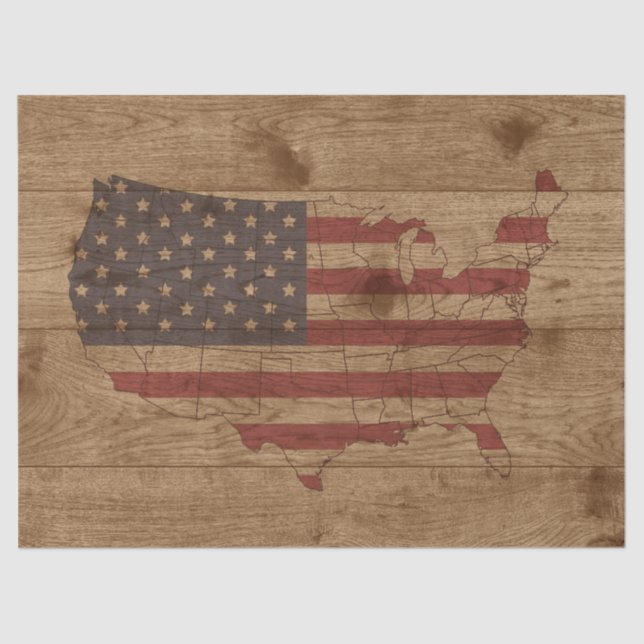 USA Form amerikanische Flagge über rustikales Holz Seidenpapier (Vorderseite)