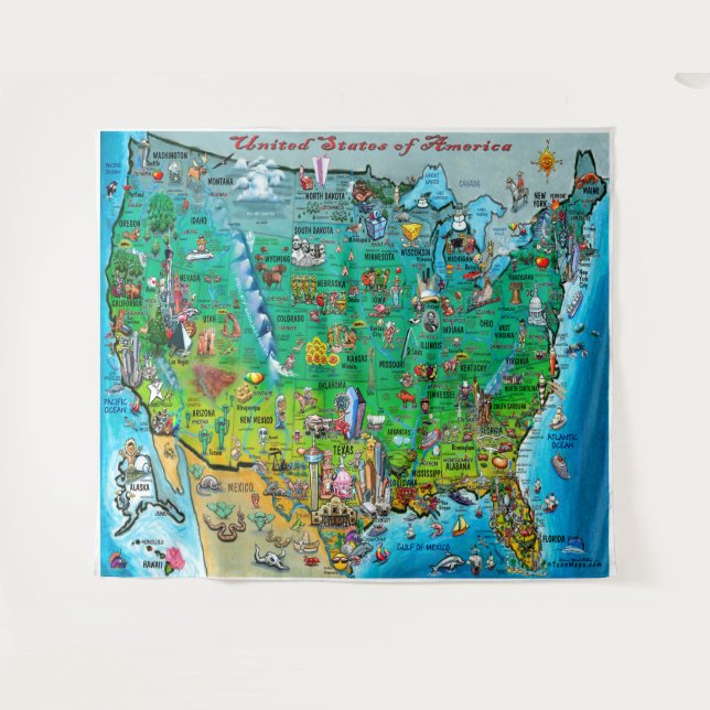USA Fun Map Tapestry Wandteppich (Vorderseite (Horizontal))