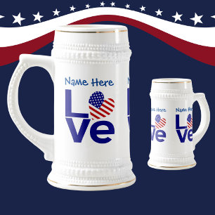 USA Herz Flagge Blau LOVE Personalisierter Name Bierglas