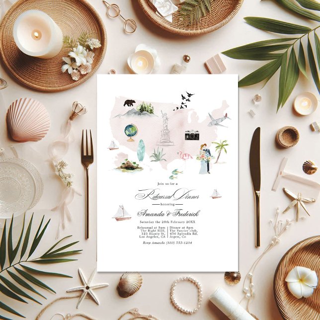 USA Hochzeit in Urlaubsort Probe Dinner Einladung (USA Destination Wedding Rehearsal Dinner Invitation)