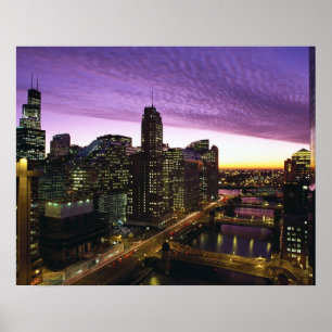 USA, IL, Chicago. Skyline von Chicago und Fluss Poster
