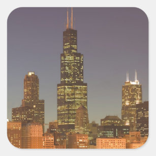 USA, Illinois, Chicago: City Skyline / Abend Quadratischer Aufkleber