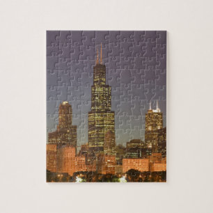 USA, Illinois, Chicago: Stadt-Skyline / Abend Puzzle