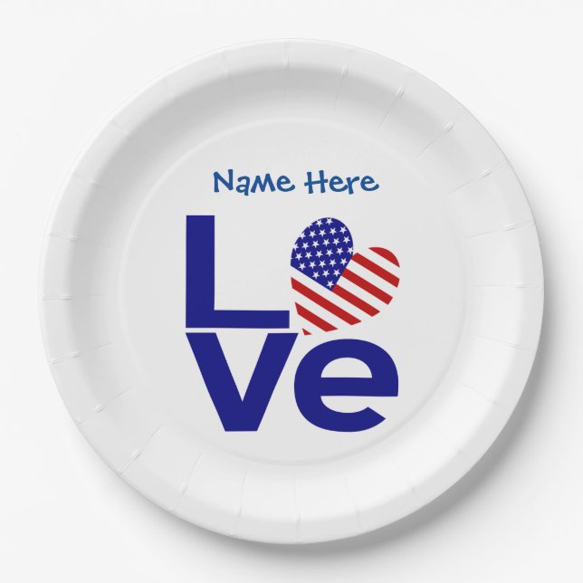 USA Liebe Flag in blauem Personalisiertem Party Pappteller (Vorderseite)