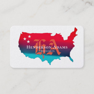 USA Map Blue Red Ribbons Stars Monogram Visitenkarte