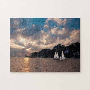 USA, Massachusetts. Segelschifffahrt bei Sonnenunt Puzzle