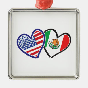 USA Mexiko Herz Flaggen Silbernes Ornament
