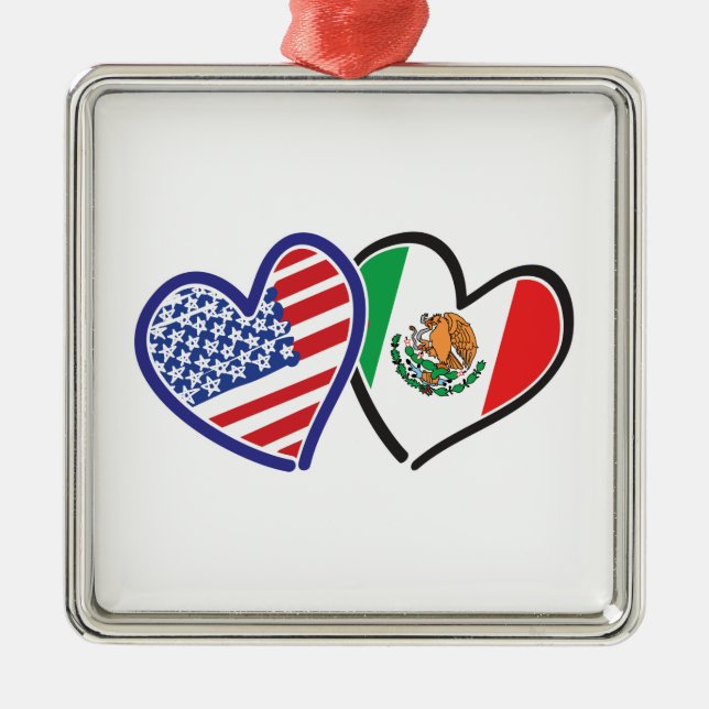 USA Mexiko Herzflags Silbernes Ornament (Vorne)
