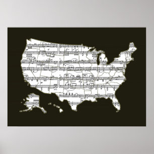 usa Musiknotens Map Poster
