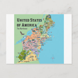 USA Northeast Staaten Travel Map - New England Postkarte