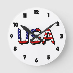 USA overlaid on US Flag Black Fat Numbers wccn Runde Wanduhr