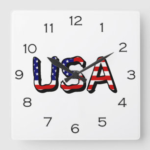 USA overlaid on US Flag Black Numbers wccn Quadratische Wanduhr