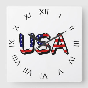 USA overlaid on US Flag Black Roman Numbers wccn Quadratische Wanduhr