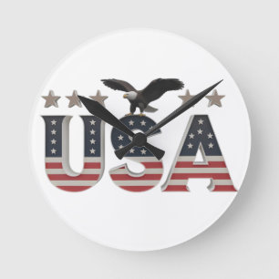 USA Patriotic Eagle + Stars Flag Design for Pride Runde Wanduhr