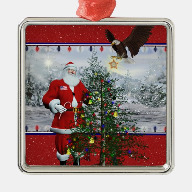 USA Patriotic Santa Silver Gerahmt Square Ornament (Vorne)