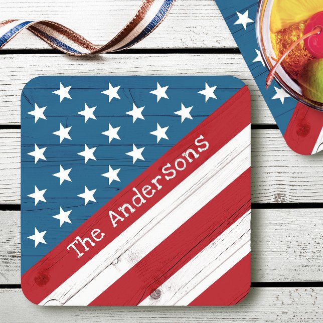 USA Patriotic Stars Streifen Flaggenname Rustikale Rechteckiger Pappuntersetzer (Von Creator hochgeladen)