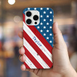 USA Patriotische Rustikale Sterne Streifen amerika iPhone 16 Pro Max Hülle<br><div class="desc">Zeigen Sie US Flagge Stolz in Ihrem Land, wenn Sie dieses Handygehäuse verwenden. Ihr individuelle Name überlagert rustikale, Vintage, kühn, grafische, diagonale, rote und weiße Streifen und weiße Sterne auf blau, amerikanische Flagge Land Holz verkleidet Hintergrund. Personalisieren Sie mit Ihrem Namen. Macht ein großartiges, patriotisches Geschenk! Geben Sie einfach den...</div>