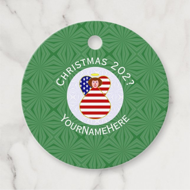 USA Red Haired Angel Christmas Flag Personalisiert Geschenkanhänger (Vorderseite)
