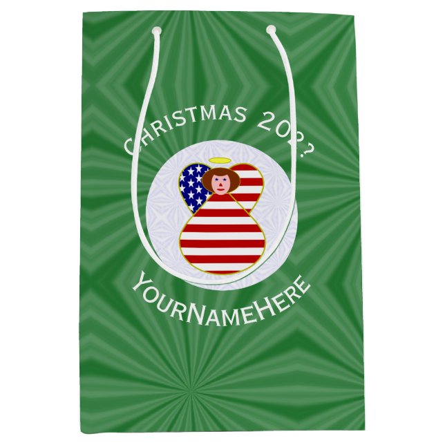 USA Red Haired Angel Christmas Flag Personalisiert Mittlere Geschenktüte (Vorderseite)