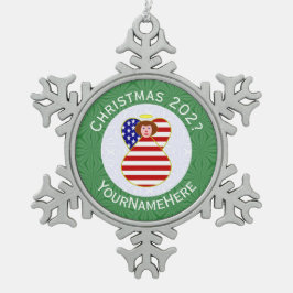 USA Red Haired Angel Christmas Flag Personalisiert Schneeflocken Zinn-Ornament
