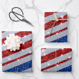 USA Red White Blue Glitzern Flag Unabhängigkeitsta Geschenkpapier Set