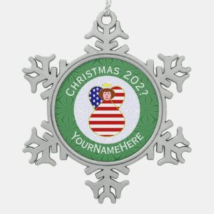 USA Rot haariger Engel Weihnachtsflagge Personalis Schneeflocken Zinn-Ornament