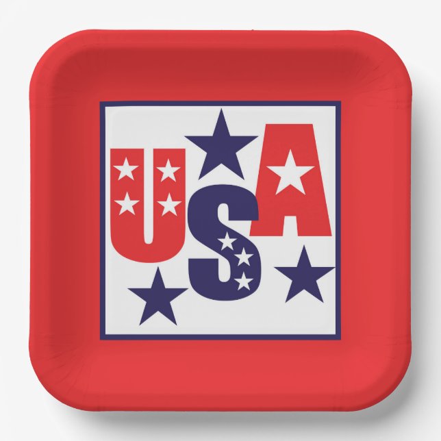 USA Rot, Weiß und Blau mit Sternen Pappteller (Vorderseite)