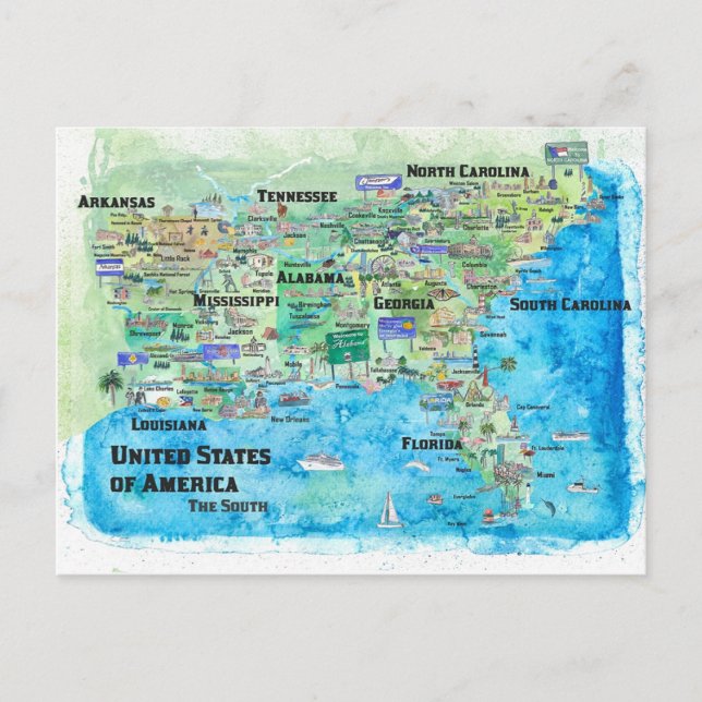USA Southern Staaten Travel Map Florida Louisiana Postkarte (Vorderseite)
