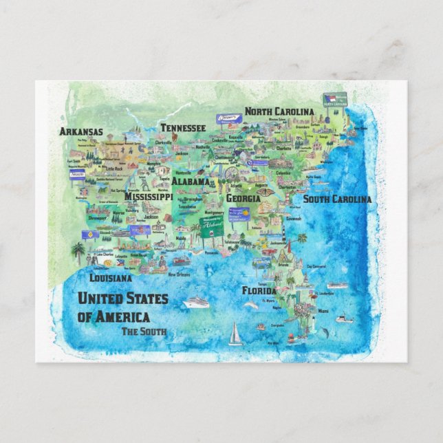 USA Southern Staaten Travel Map Florida Postkarte (Vorderseite)