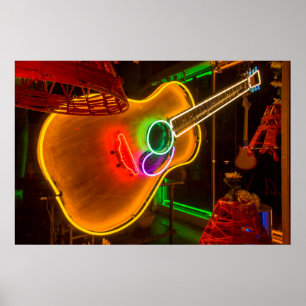 USA, Texas, Austin. Neon Guitar bei Blackmail Poster