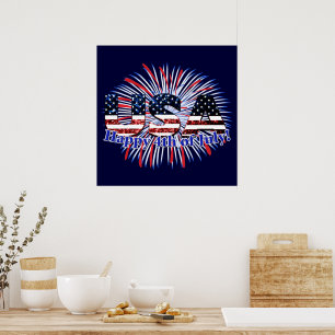 USA-Textflagge glitzert Feuerwerk Frohes 4. Juli Poster