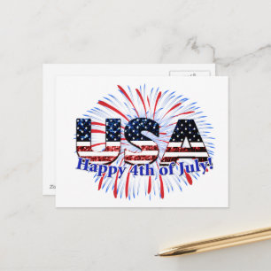 USA-Textflagge glitzert Feuerwerk Frohes 4. Juli Postkarte