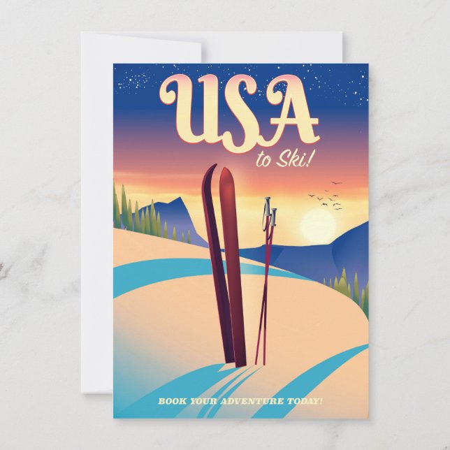 USA "To Ski" Vintages Reiseplakat Einladung (Rückseite)