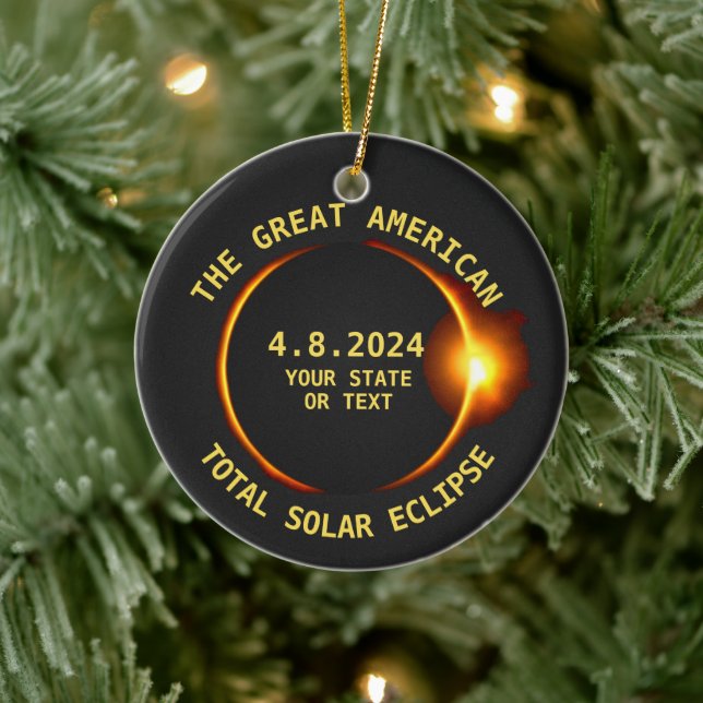 USA Total Solar Eclipse 4.8.24 Custom Text Keramikornament (Baum)