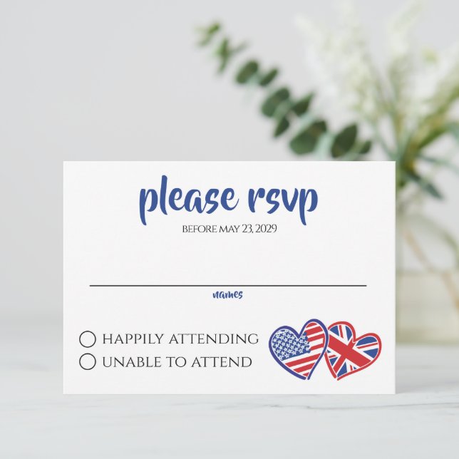 USA UK Heart Flags RSVP Karte (Stehend Vorderseite)