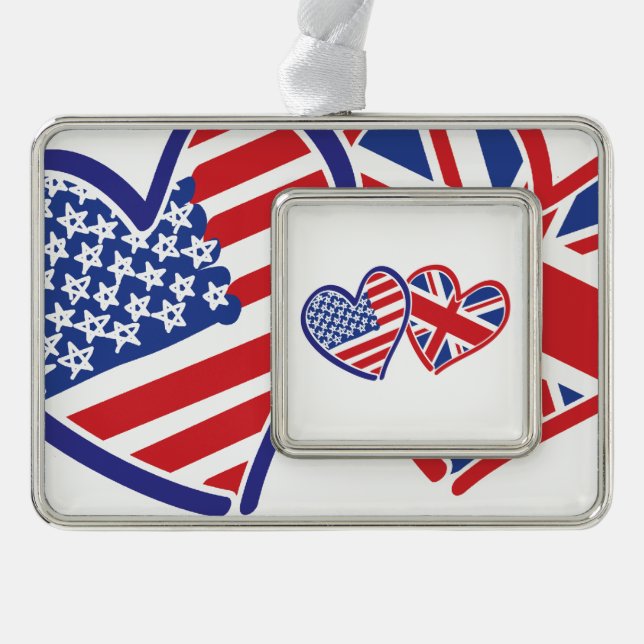 USA und BRITISCHE Flaggen-Herzen Rahmen-Ornament Silber (Vorderseite)