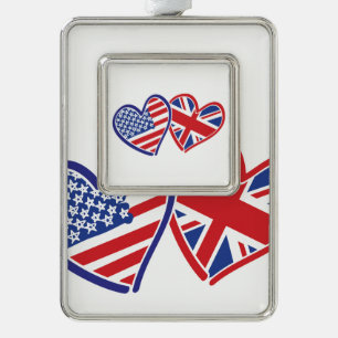 USA und BRITISCHE Flaggen-Herzen Rahmen-Ornament Silber
