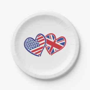 USA und UK Flag Hearts Pappteller