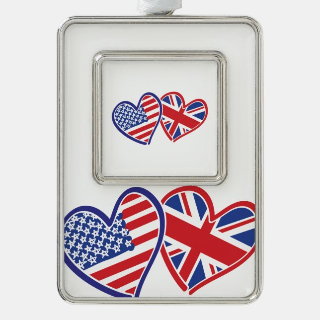 USA und UK Flag Hearts Rahmen-Ornament Silber (Vorderseite)