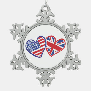 USA und UK Flag Hearts Schneeflocken Zinn-Ornament