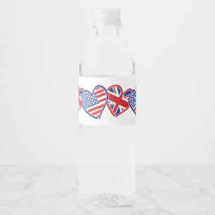 USA und UK Flag Hearts Wasserflaschenetikett