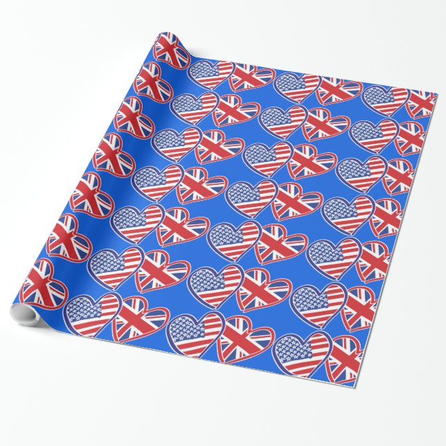 USA und UK Patriotic Flag Hearts Geschenkpapier (Ungerollt)