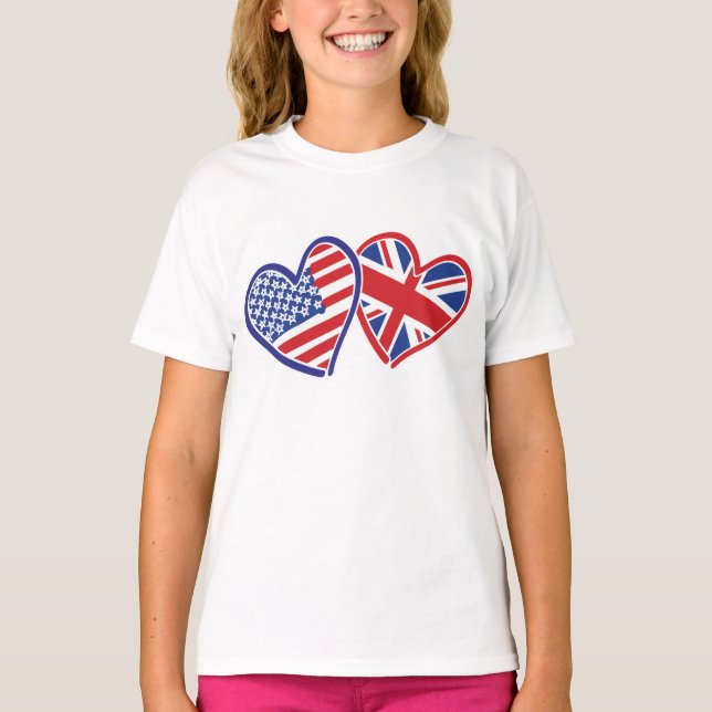 USA und UK Patriotic Flag Hearts T-Shirt (Vorderseite)