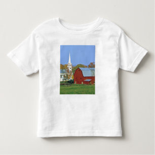 USA, Vermont, Peacham. Eine rote Scheune und ein Kleinkind T-shirt