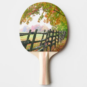 USA, Vermont. Zaun unter Herbstlaub. Tischtennis Schläger