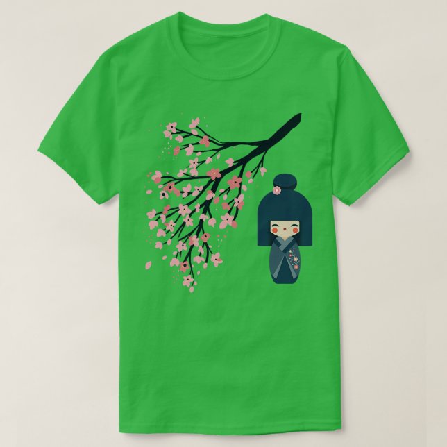 Usaburo Kokeshi Puppe und japanische Sakura Cherry T-Shirt (Design vorne)