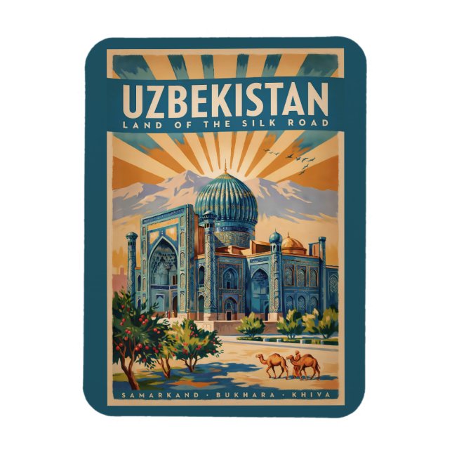Usbekistan Kamel Illustration Reise Kunst Vintage Magnet (Vertikal)