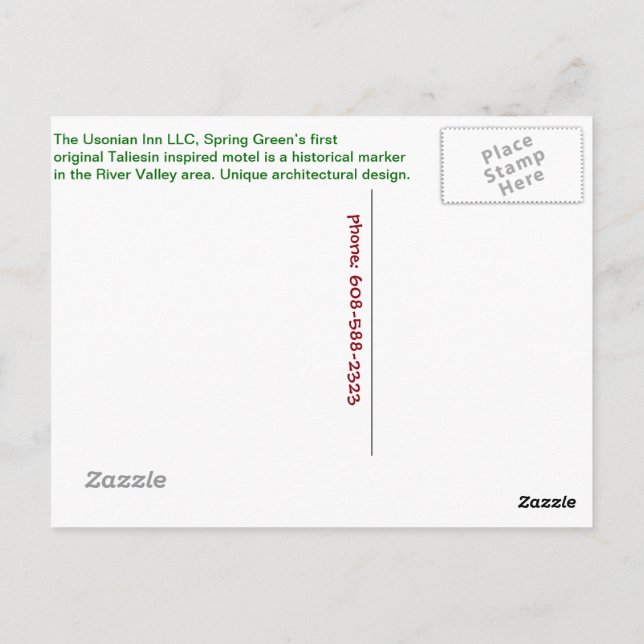 Usonian Inn Postcard Street Schild Postkarte (Rückseite)