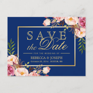 (USPS) Rosa Blütengoldblau Save the Date Ankündigungspostkarte